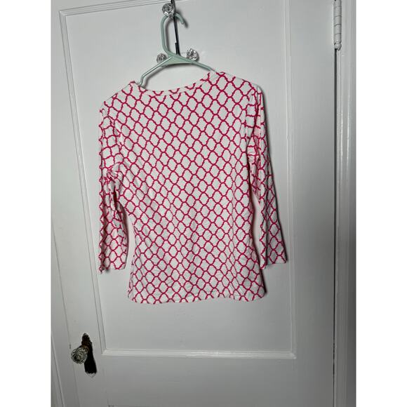 J. McLaughlin Pink White Catalina Cloth Stretchy 3/4 Sleeve Top Women's Medium - Picture 7 of 7